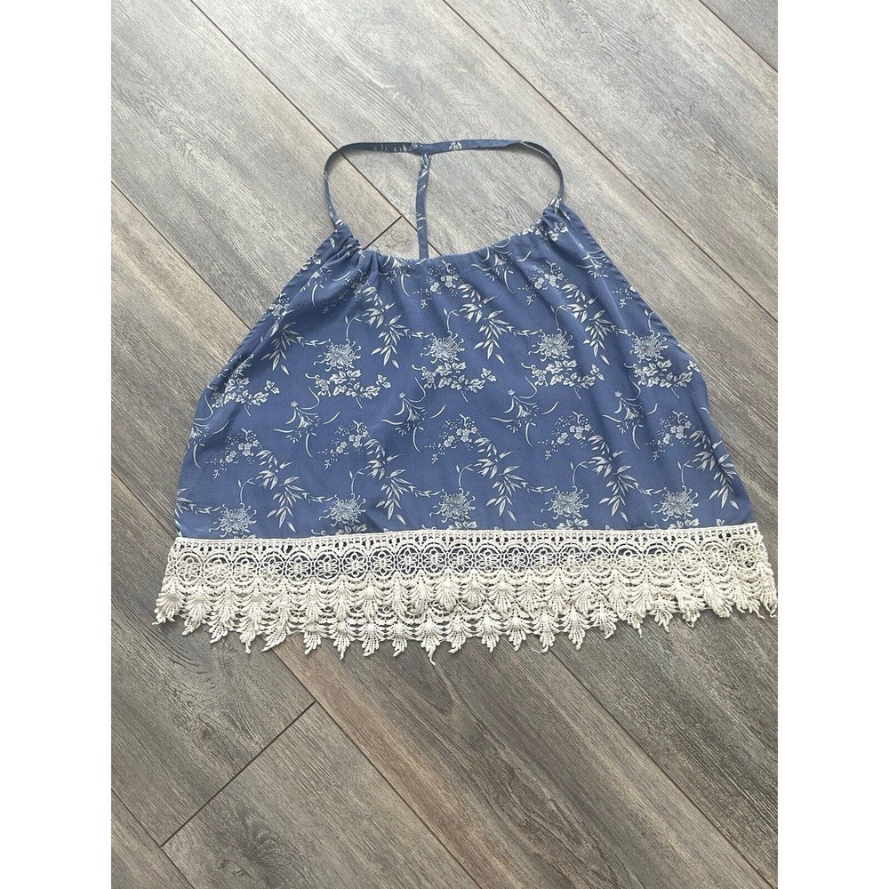 En Crème Top Tank Cropped Corded Racer Back White & Blue Embroidered Size M